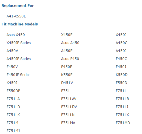 Replacement For A41-X550E Fit Machine Models Asus X450 X450E X4503 X450JF Sees Asus A450 A450C A450V A450E A4503 A450JF Sees Asus F450 F450C F450V F450E F4503 F450JF Sees K550E K5500 K4503 D451V F5500 F550DP F751 F751L F751LA F751LAV F751LB F751LD F751LDV F751LJ F751LK F751LN F751LX F75111 F751MA F751MD F751MJ 