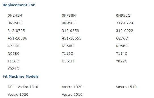 Replacement For  0N241H 0K738H ON950C 0N956C 0N958C 312-0724 312-0725 312-0859 312-0922 451-10586 451-10655 G276C K738H N950C N956C N958C T112C T114C T116C U661H Y022C Y024C Fit Machine Models  DELL Vostro 1310  Vostro 1320 Vostro 1510  Vostro 1520 Vostro 2510 