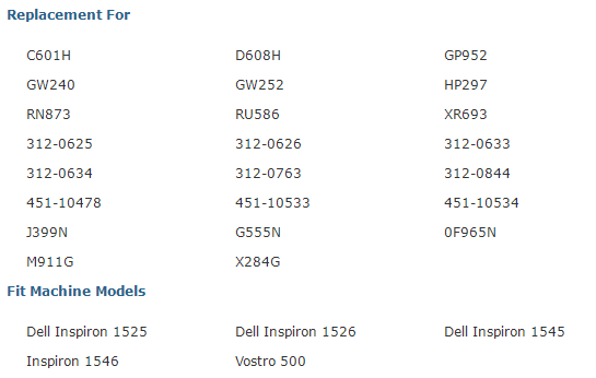 Replacement For  C601H D608H GP952 GW240 GW252 HP297 RN873 RU586 XR693 312-0625 312-0626 312-0633 312-0634 312-0763 312-0844 451-10478 451-10533 451-10534 3399N GSSSN 0F965N 11911G X284G Fit Machine Models  Dell Inspiron 1525 Inspiron 1546  Dell Inspiron 1526 Vostro 500  Dell Inspiron 1545 