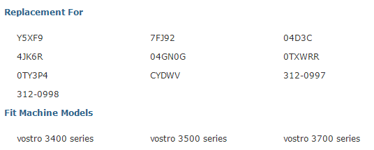 Replacement For  YSXF9 7FJ92 0403C 43K6R 04GNOG OTXWRR OTY3P4 CYDWV 312-0997 312-0998 Fit Machine Models  vostro 3400 series  vostro 3500 series vostro 3700 series 