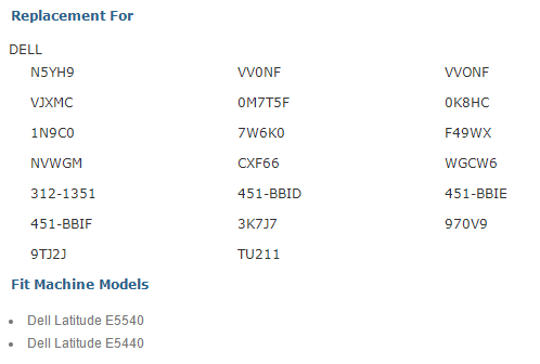 Replacement For DELL NSYH9 WONF WONF VJXMC OM7TSF OK8HC 1N9C0 7W6K0 F49WX NVWGM CXF66 WGCW6 312-1351 451-13131D 451-8131E 451-13131F 3K7J7 970V9 91323 TU211 Fit Machine Models  • Dell Latitude E5540 • Dell Latitude E5440 
